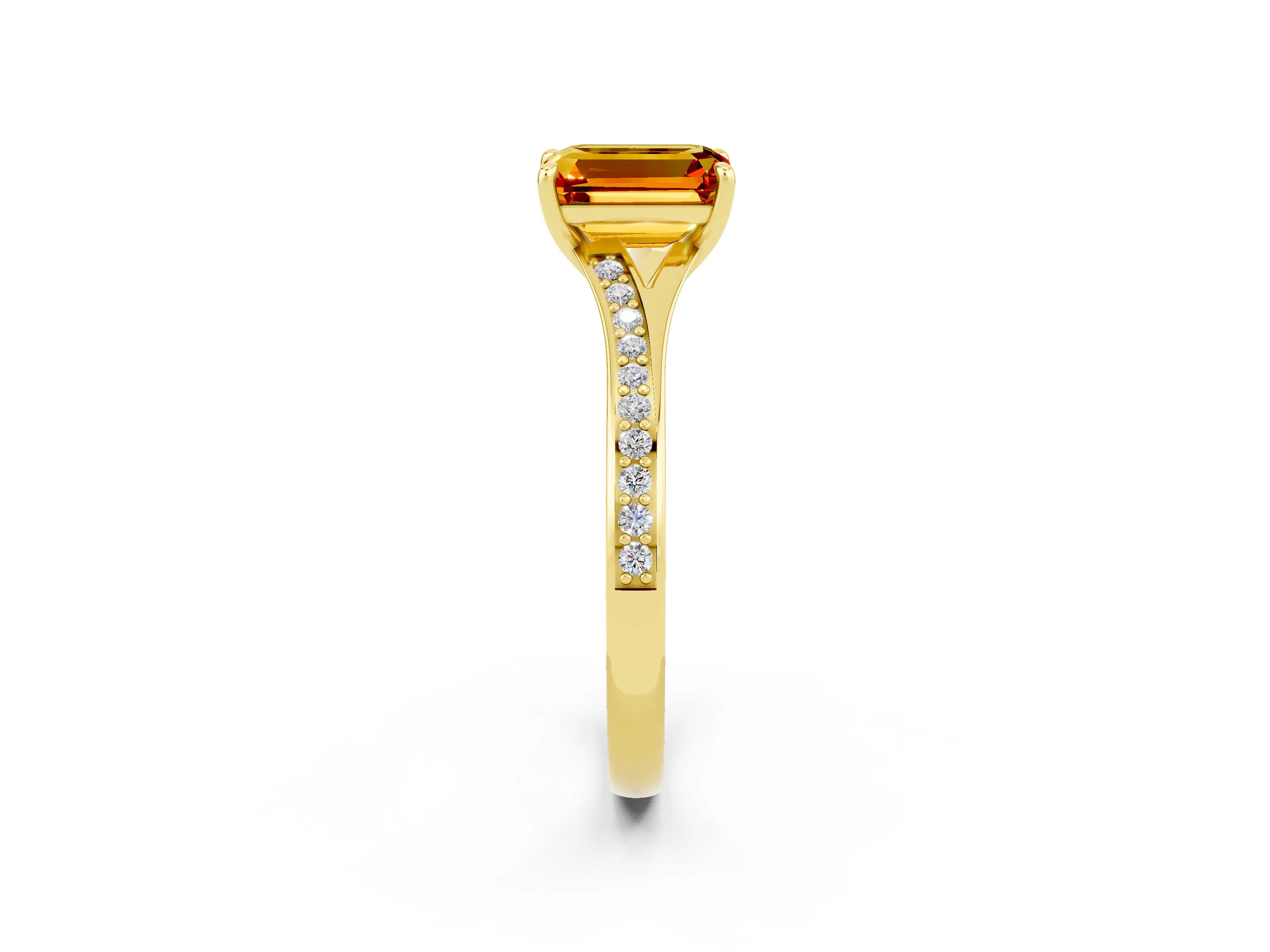 Yellow gold Emerald Cut Citrine Solitaire Ring with Pavé Band and Prong Setting_2