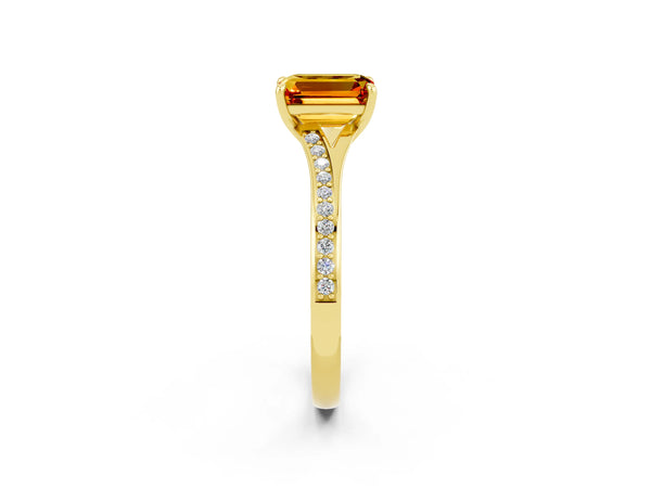 Yellow gold Emerald Cut Citrine Solitaire Ring with Pavé Band and Prong Setting