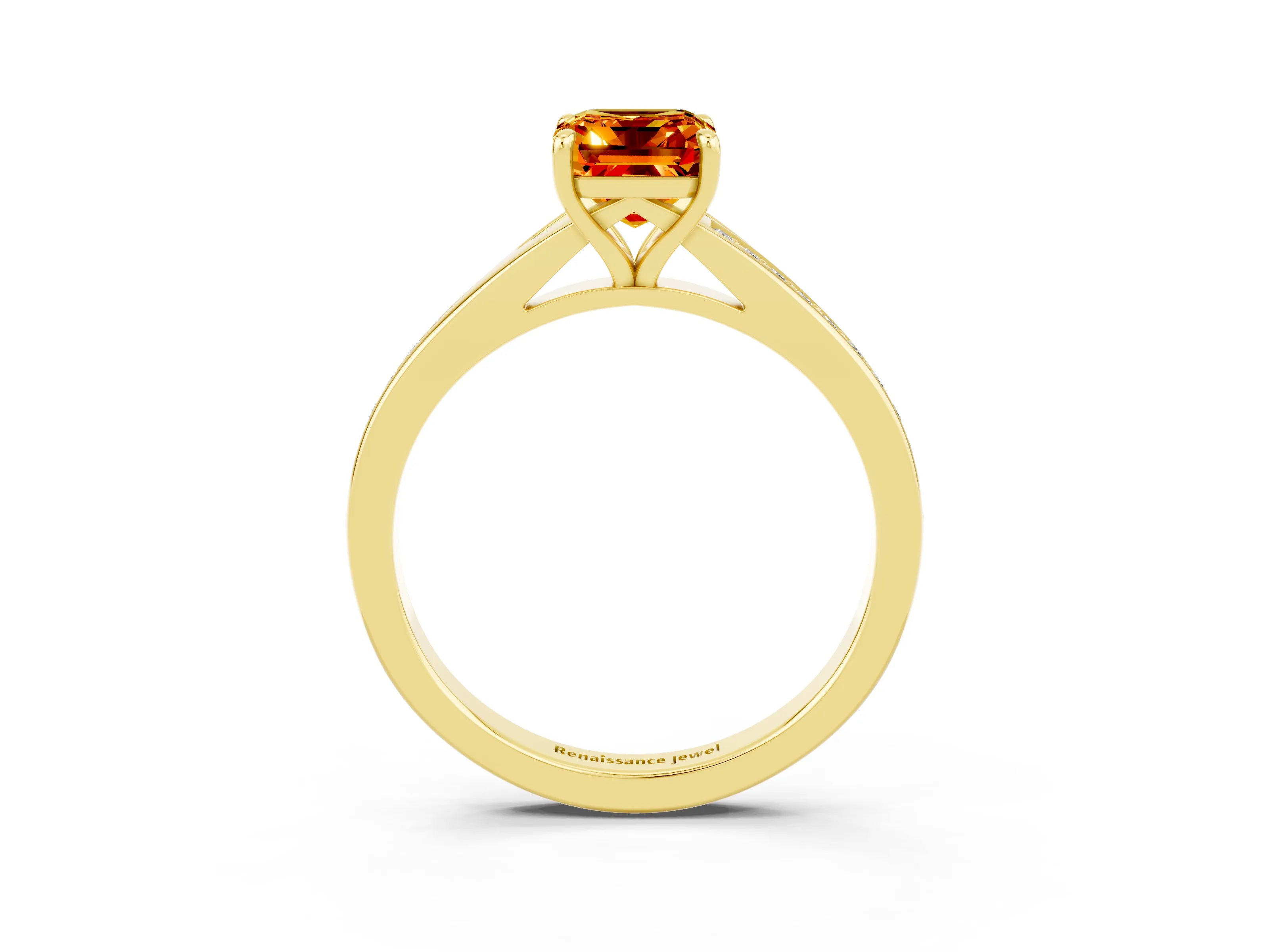 Yellow gold Emerald Cut Citrine Solitaire Ring with Pavé Band and Prong Setting_3