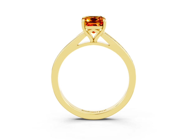 Yellow gold Emerald Cut Citrine Solitaire Ring with Pavé Band and Prong Setting