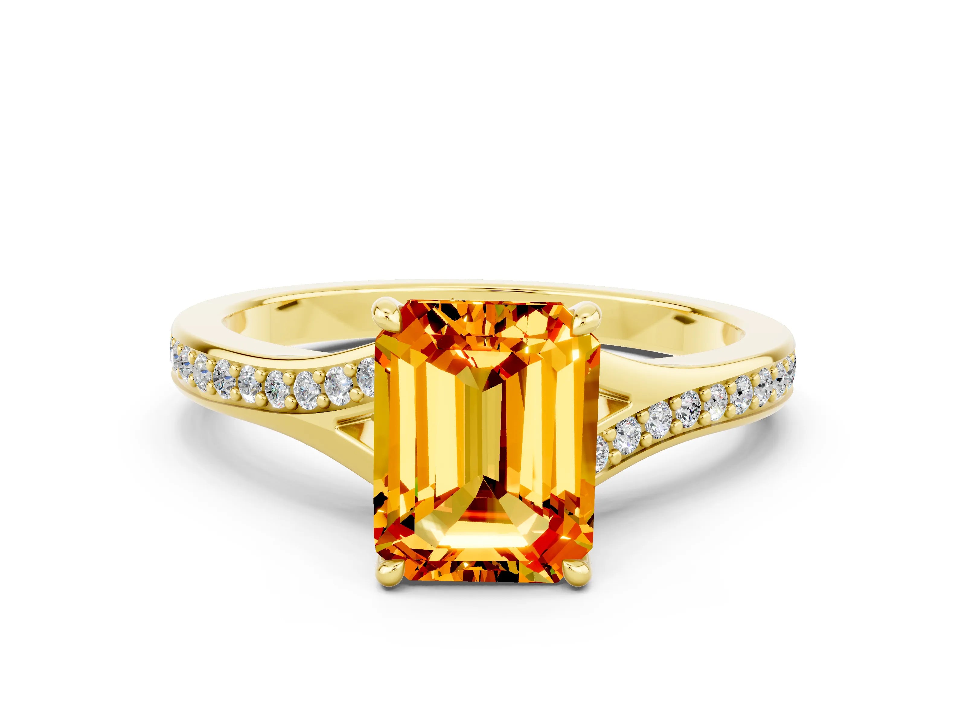 Yellow gold Emerald Cut Citrine Solitaire Ring with Pavé Band and Prong Setting_36