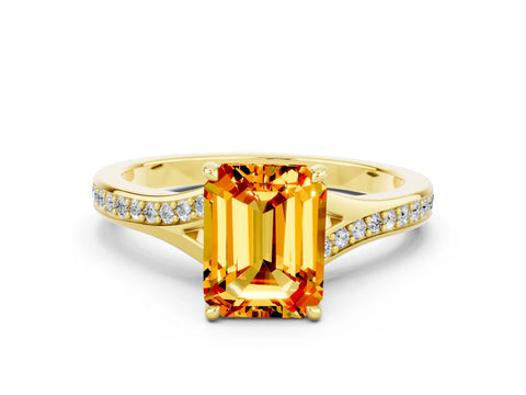 Yellow gold Emerald Cut Citrine Solitaire Ring with Pavé Band and Prong Setting_36