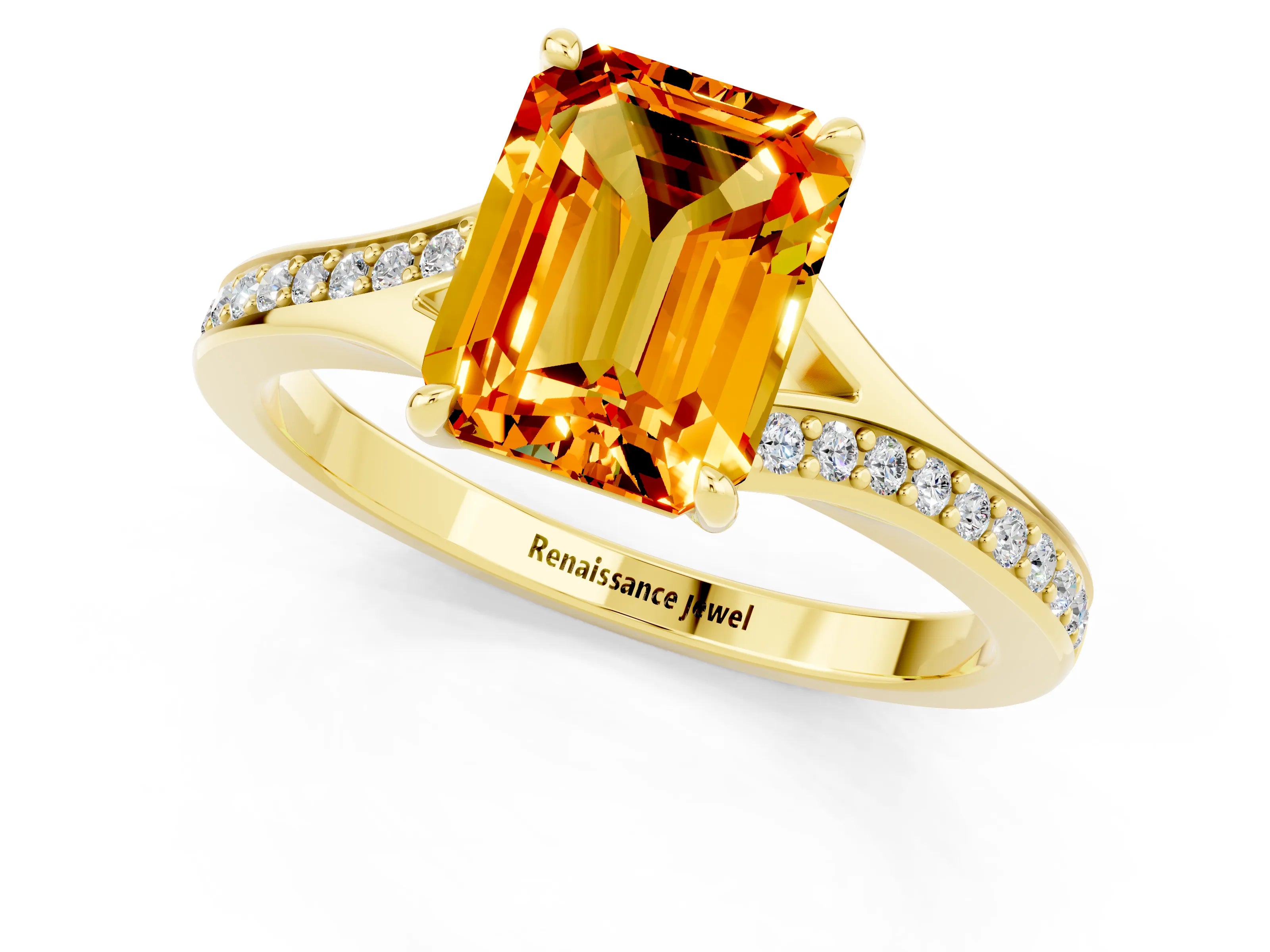 Yellow gold Emerald Cut Citrine Solitaire Ring with Pavé Band and Prong Setting_37