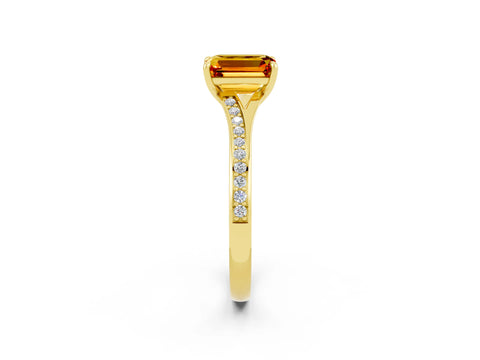 Yellow gold Emerald Cut Citrine Solitaire Ring with Pavé Band and Prong Setting_38