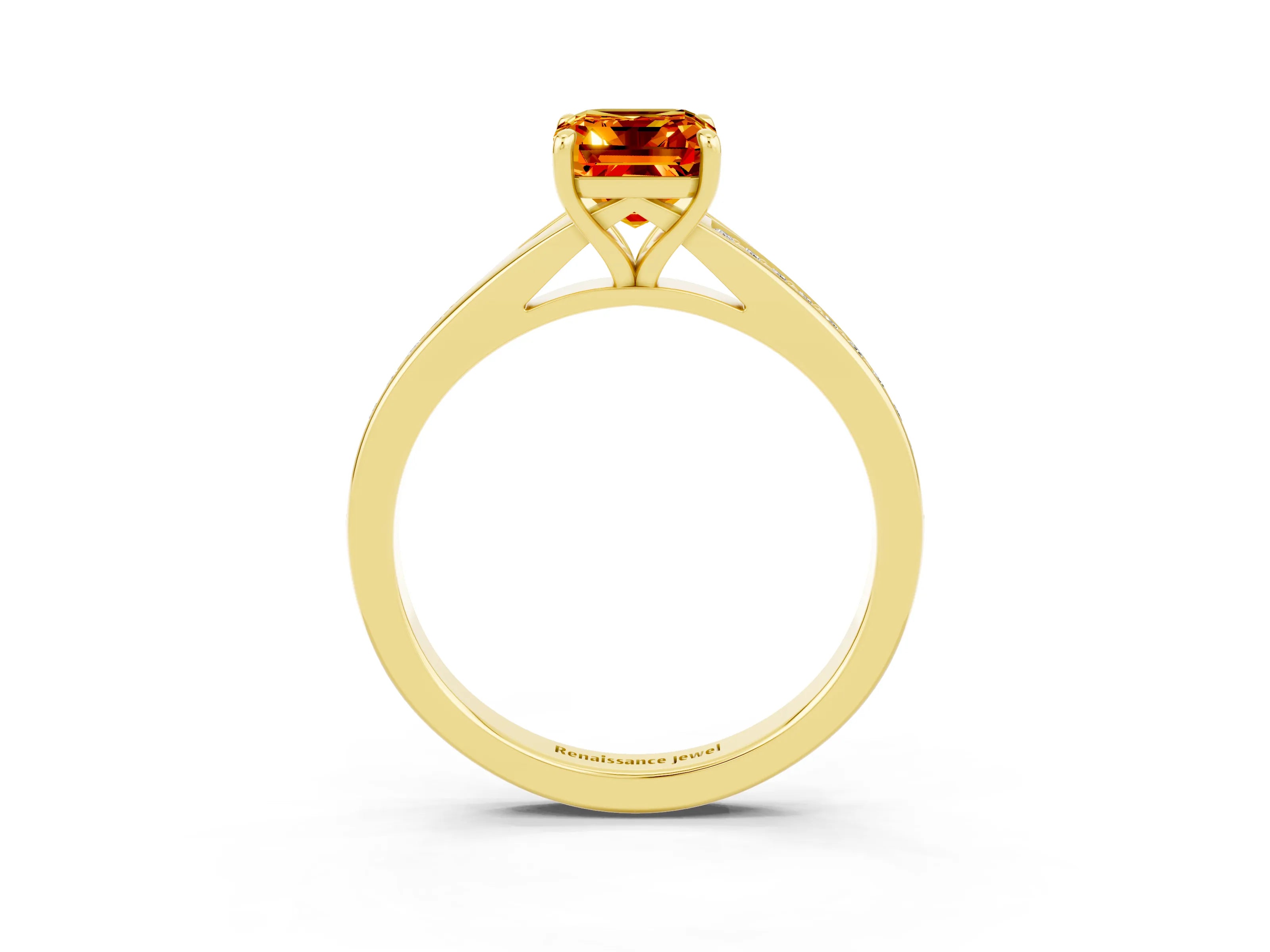 Yellow gold Emerald Cut Citrine Solitaire Ring with Pavé Band and Prong Setting_39