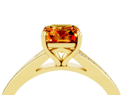 Yellow gold Emerald Cut Citrine Solitaire Ring with Pavé Band and Prong Setting_40