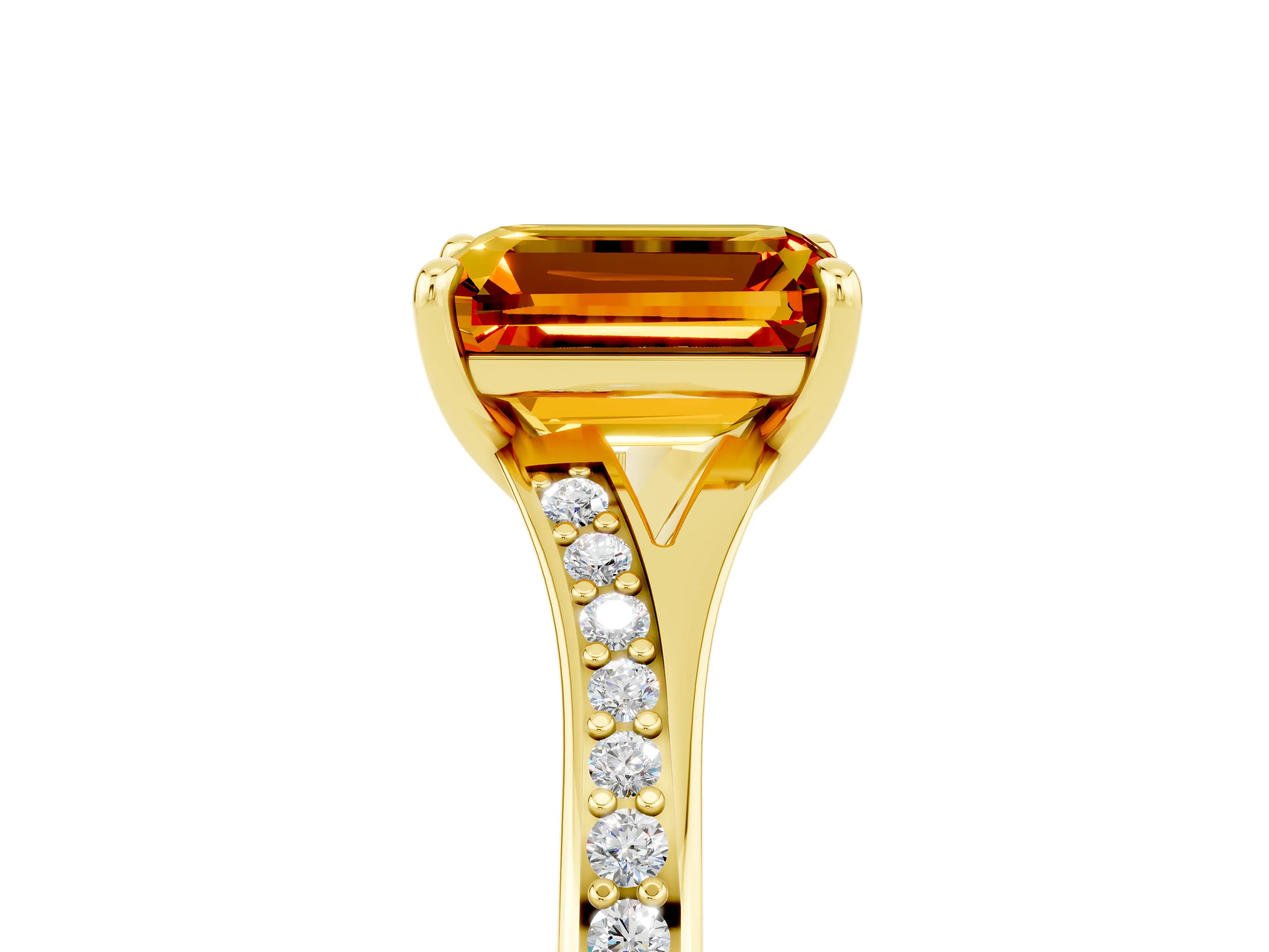 Yellow gold Emerald Cut Citrine Solitaire Ring with Pavé Band and Prong Setting_41