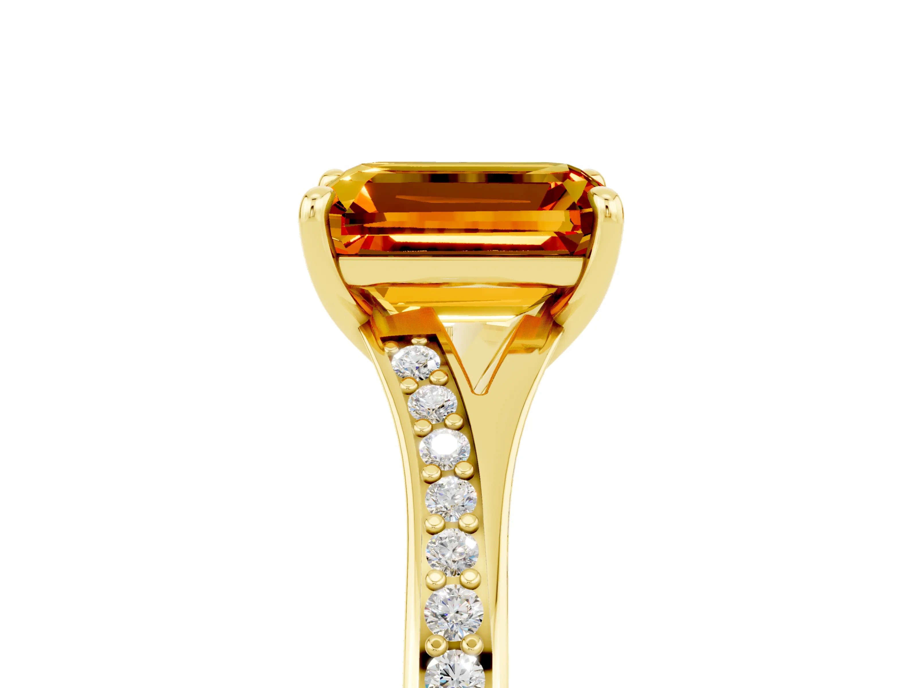 Yellow gold Emerald Cut Citrine Solitaire Ring with Pavé Band and Prong Setting_5