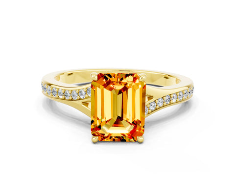 Yellow gold Emerald Cut Citrine Solitaire Ring with Pavé Band and Prong Setting