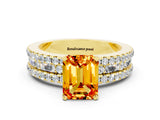 Yellow gold Emerald Cut Citrine Solitaire Ring with Pavé and Channel Set Band
