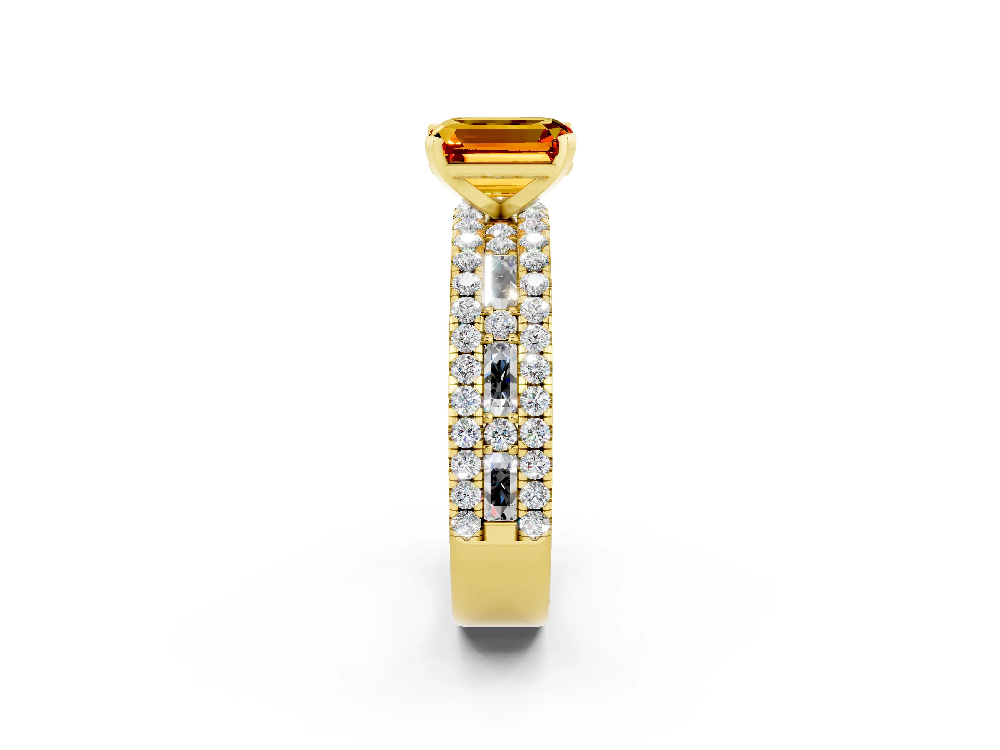 Yellow gold Emerald Cut Citrine Solitaire Ring with Pavé and Channel Set Band_2