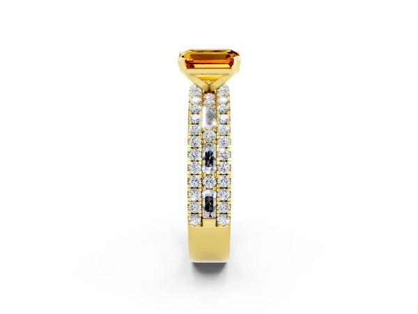 Yellow gold Emerald Cut Citrine Solitaire Ring with Pavé and Channel Set Band
