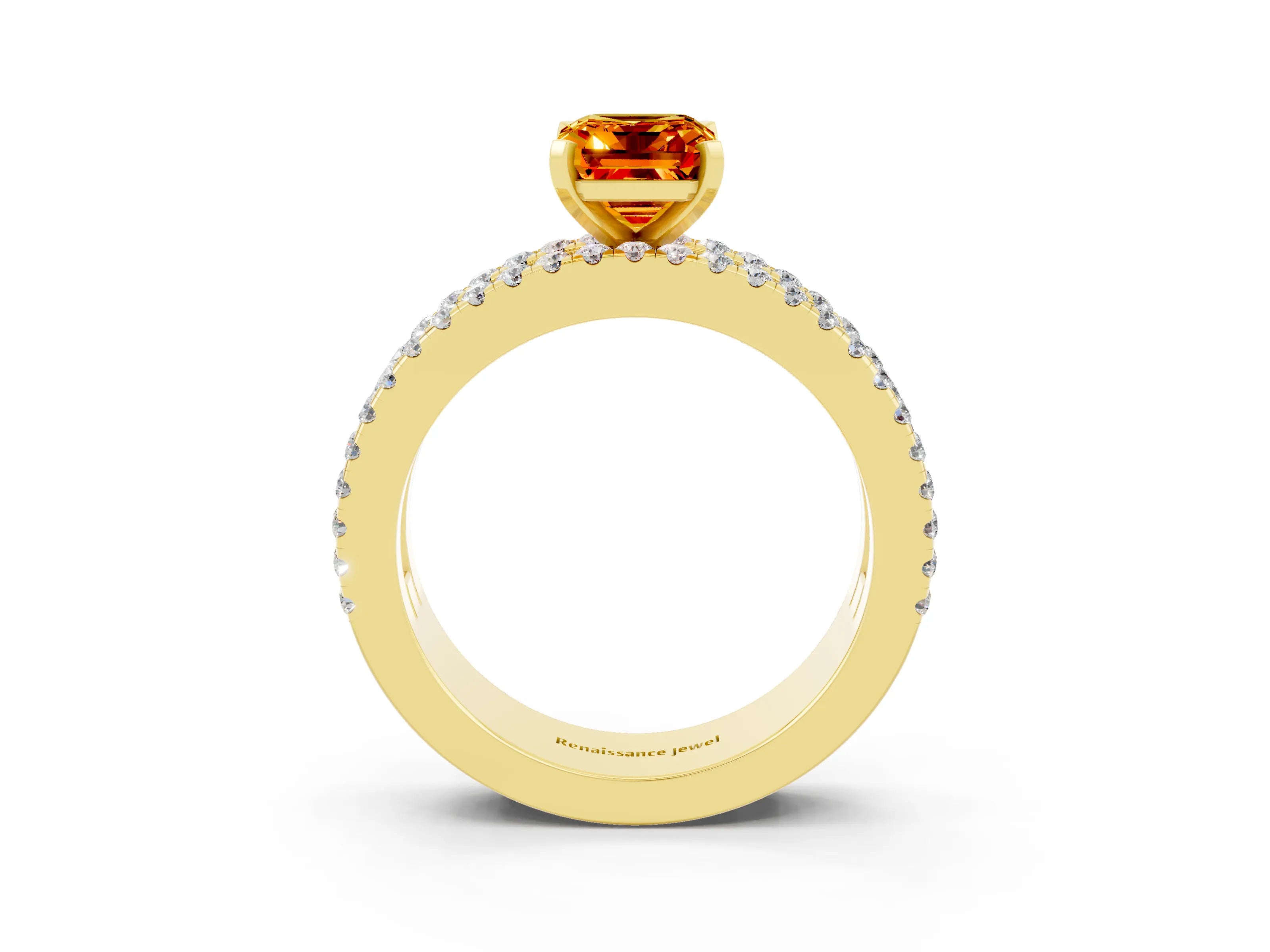 Yellow gold Emerald Cut Citrine Solitaire Ring with Pavé and Channel Set Band_3