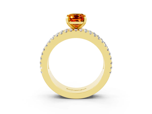 Yellow gold Emerald Cut Citrine Solitaire Ring with Pavé and Channel Set Band