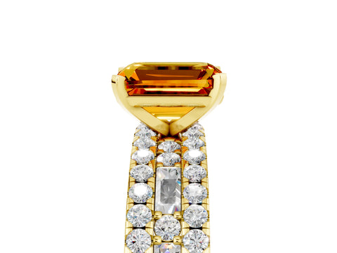 Yellow gold Emerald Cut Citrine Solitaire Ring with Pavé and Channel Set Band_5