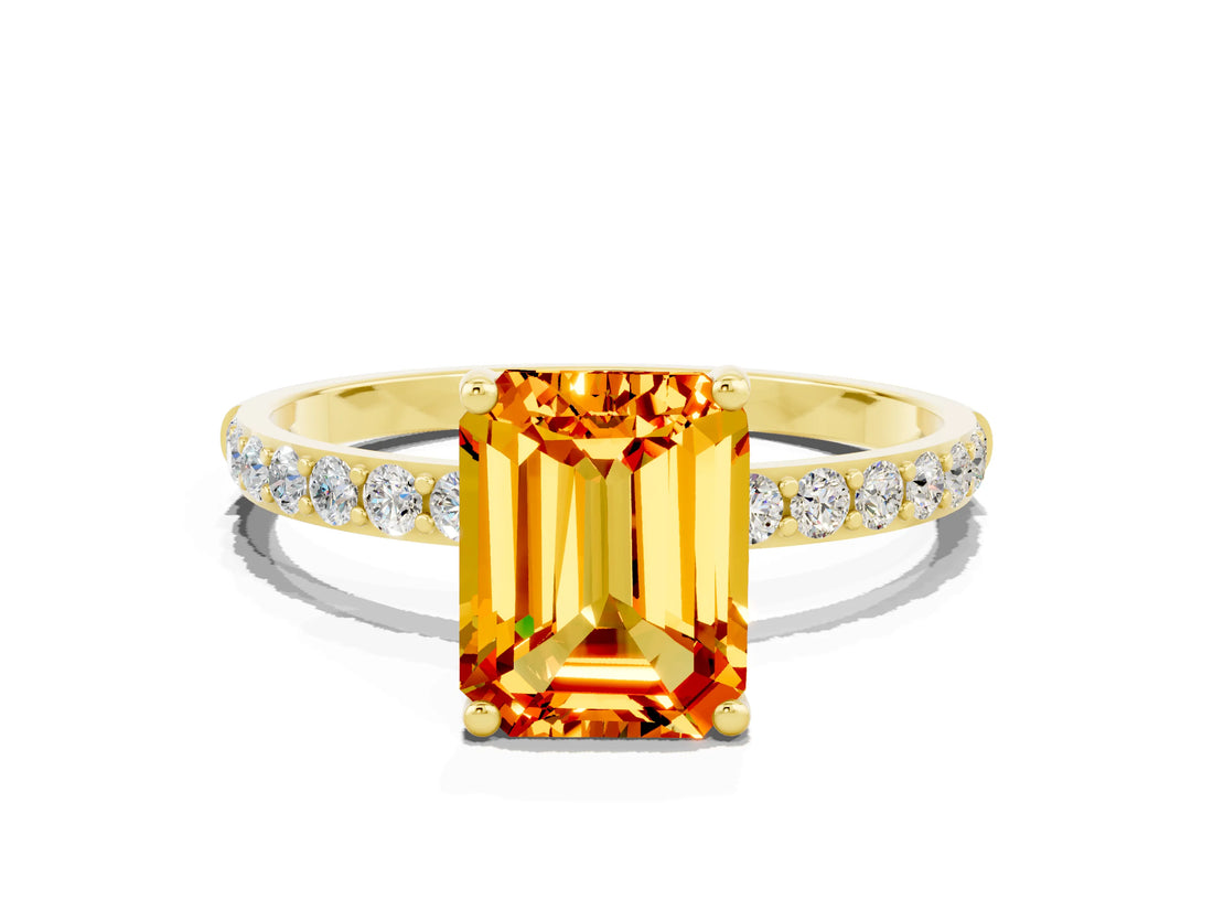 Yellow gold Emerald Cut Citrine Solitaire Ring with Pave Band and Four Prong Setting_12