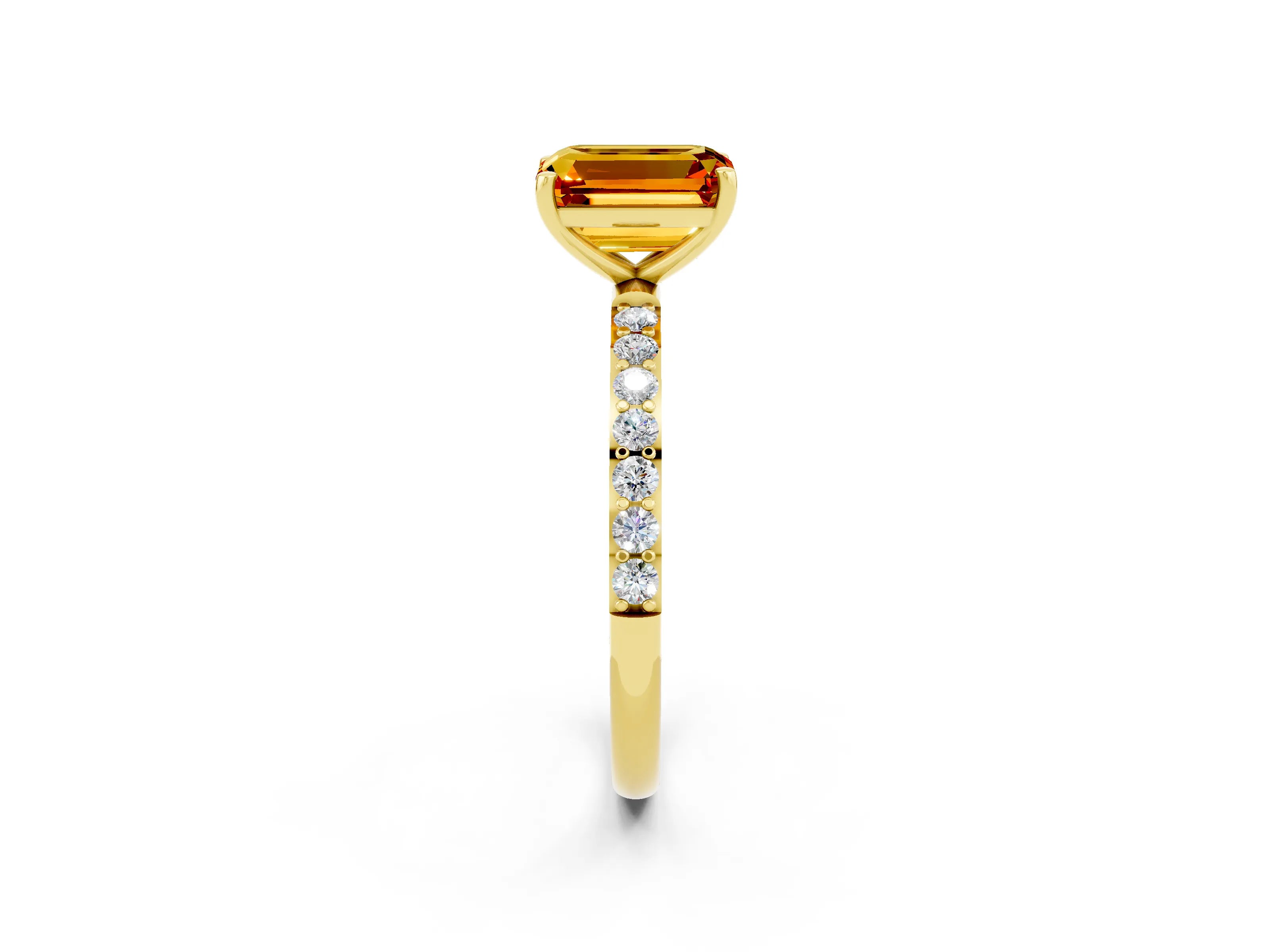 Yellow gold Emerald Cut Citrine Solitaire Ring with Pave Band and Four Prong Setting_14