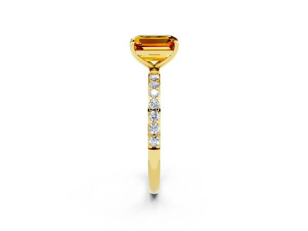 Yellow gold Emerald Cut Citrine Solitaire Ring with Round  Pavé Band and Prong Setting