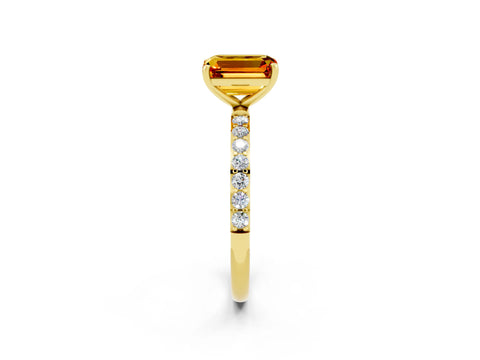 Yellow gold Emerald Cut Citrine Solitaire Ring with Pave Band and Four Prong Setting_14