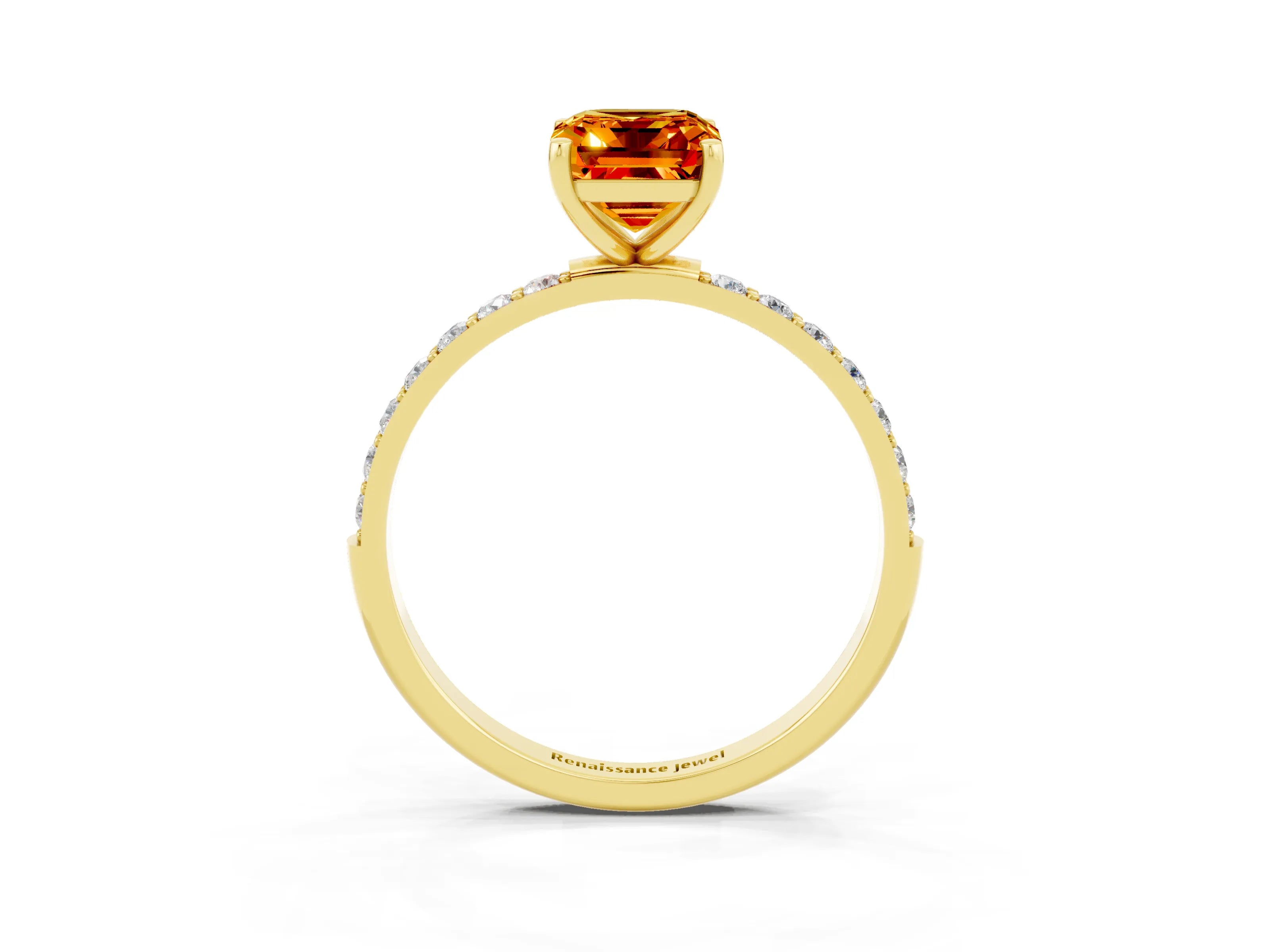 Yellow gold Emerald Cut Citrine Solitaire Ring with Pave Band and Four Prong Setting_15