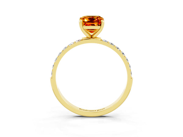 Yellow gold Emerald Cut Citrine Solitaire Ring with Round  Pavé Band and Prong Setting
