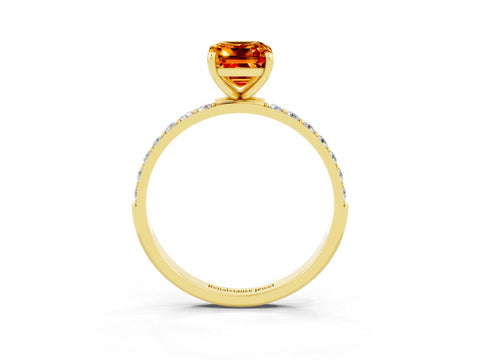 Yellow gold Emerald Cut Citrine Solitaire Ring with Pave Band and Four Prong Setting_15