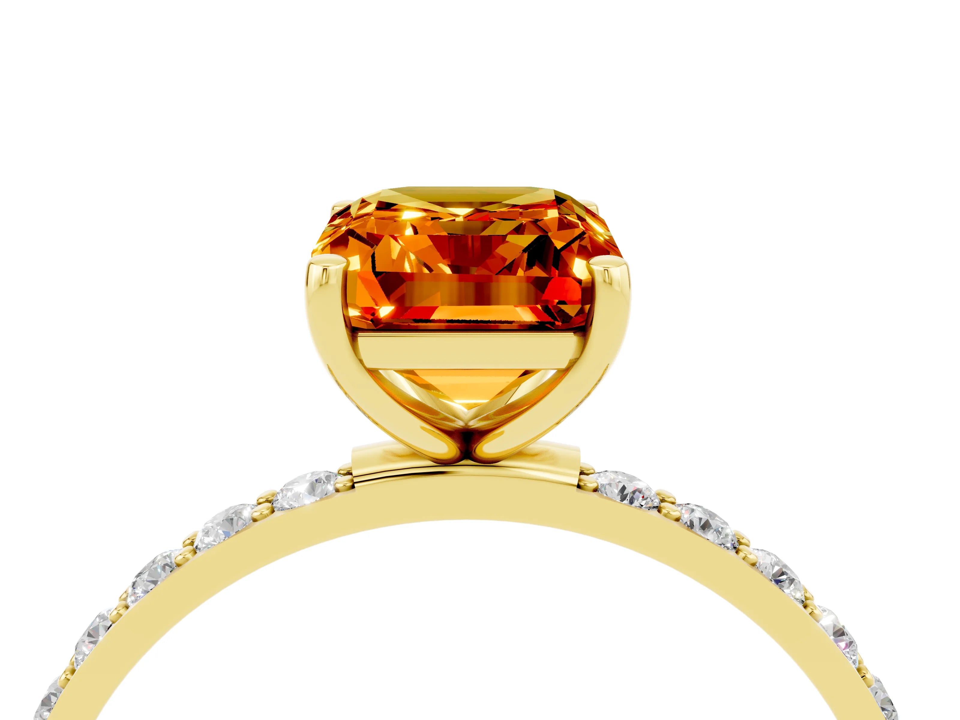 Yellow gold Emerald Cut Citrine Solitaire Ring with Pave Band and Four Prong Setting_16
