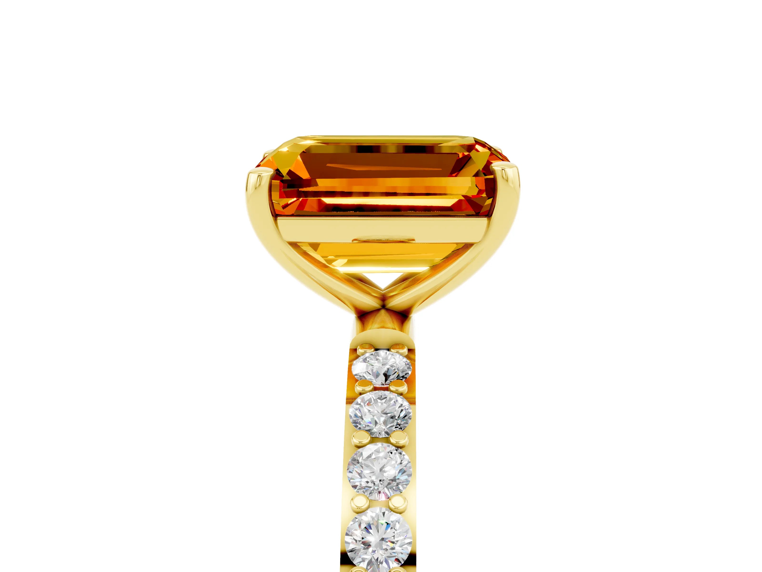 Yellow gold Emerald Cut Citrine Solitaire Ring with Pave Band and Four Prong Setting_17