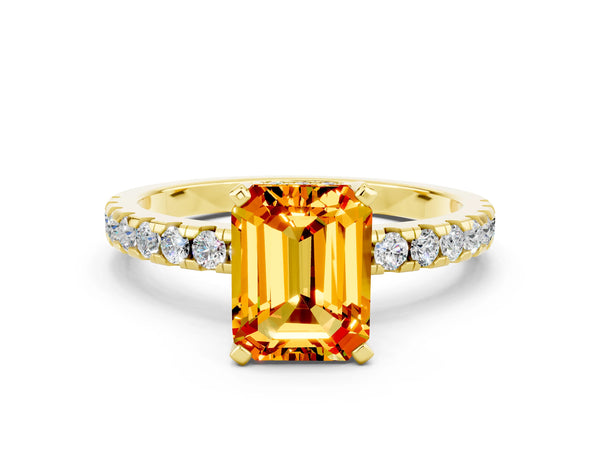 Yellow gold Emerald Cut Citrine Solitaire Ring with Round  Pavé Band and Four-Prong Setting