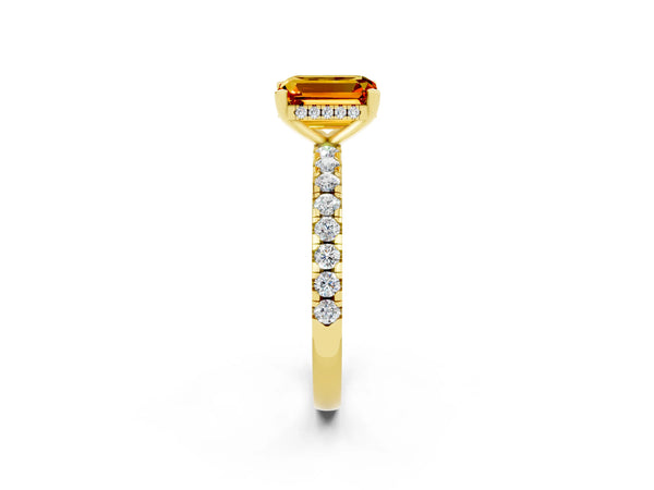 Yellow gold Emerald Cut Citrine Solitaire Ring with Round  Pavé Band and Four-Prong Setting