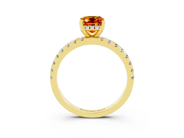 Yellow gold Emerald Cut Citrine Solitaire Ring with Round  Pavé Band and Four-Prong Setting