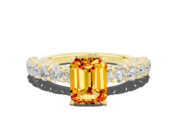 Yellow gold Emerald Cut Citrine Solitaire Ring with Shared Prong Pavé Band and Four-Prong Setting