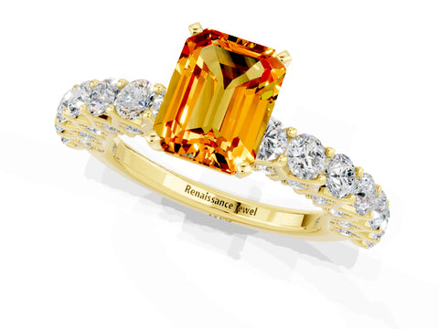 Yellow gold Emerald Cut Citrine Solitaire Ring with Shared Prong Pavé Band and Four-Prong Setting_1