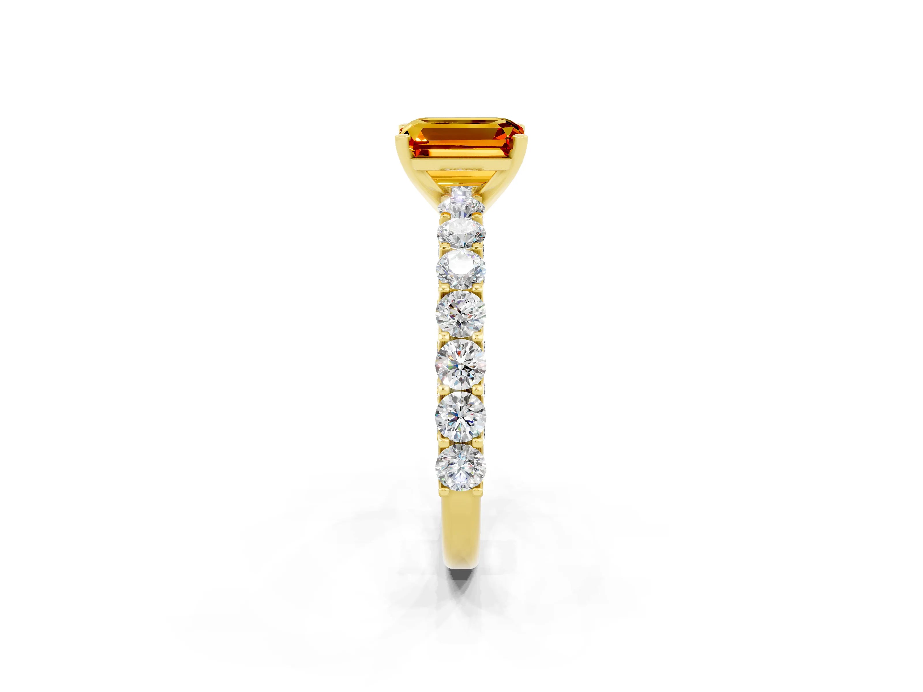 Yellow gold Emerald Cut Citrine Solitaire Ring with Shared Prong Pavé Band and Four-Prong Setting_2