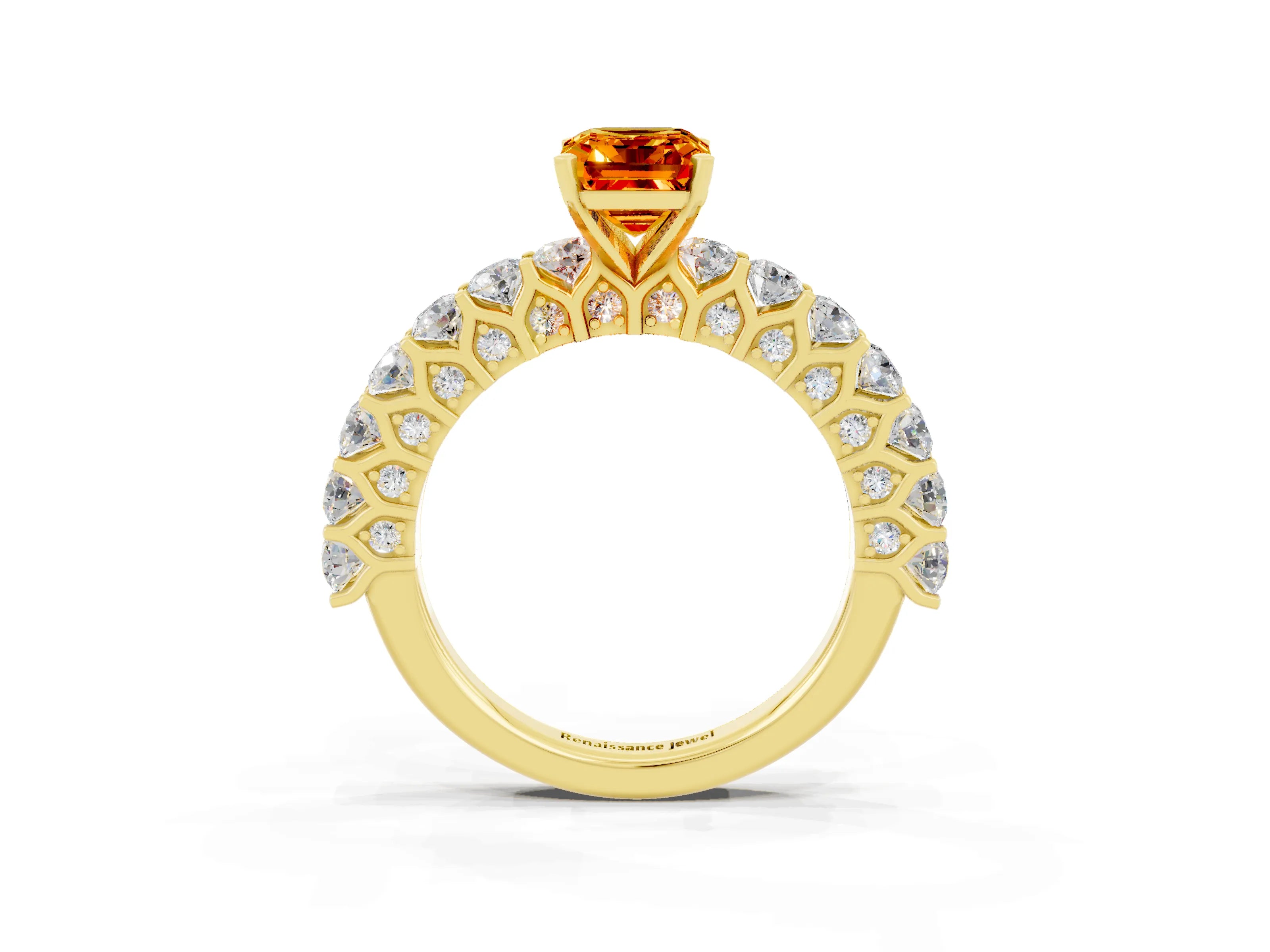 Yellow gold Emerald Cut Citrine Solitaire Ring with Shared Prong Pavé Band and Four-Prong Setting_3