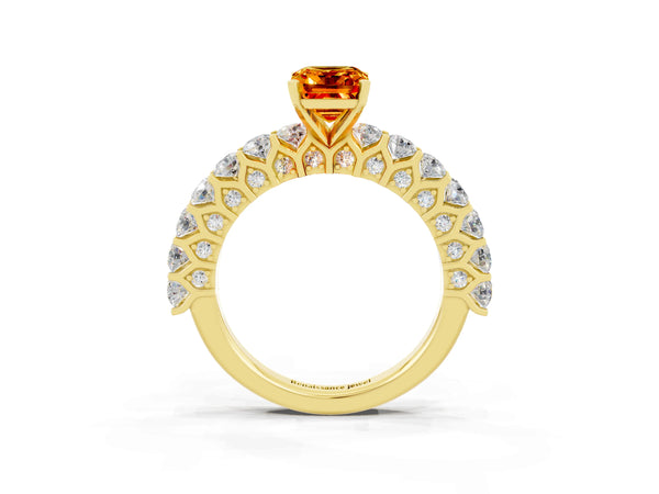 Yellow gold Emerald Cut Citrine Solitaire Ring with Shared Prong Pavé Band and Four-Prong Setting