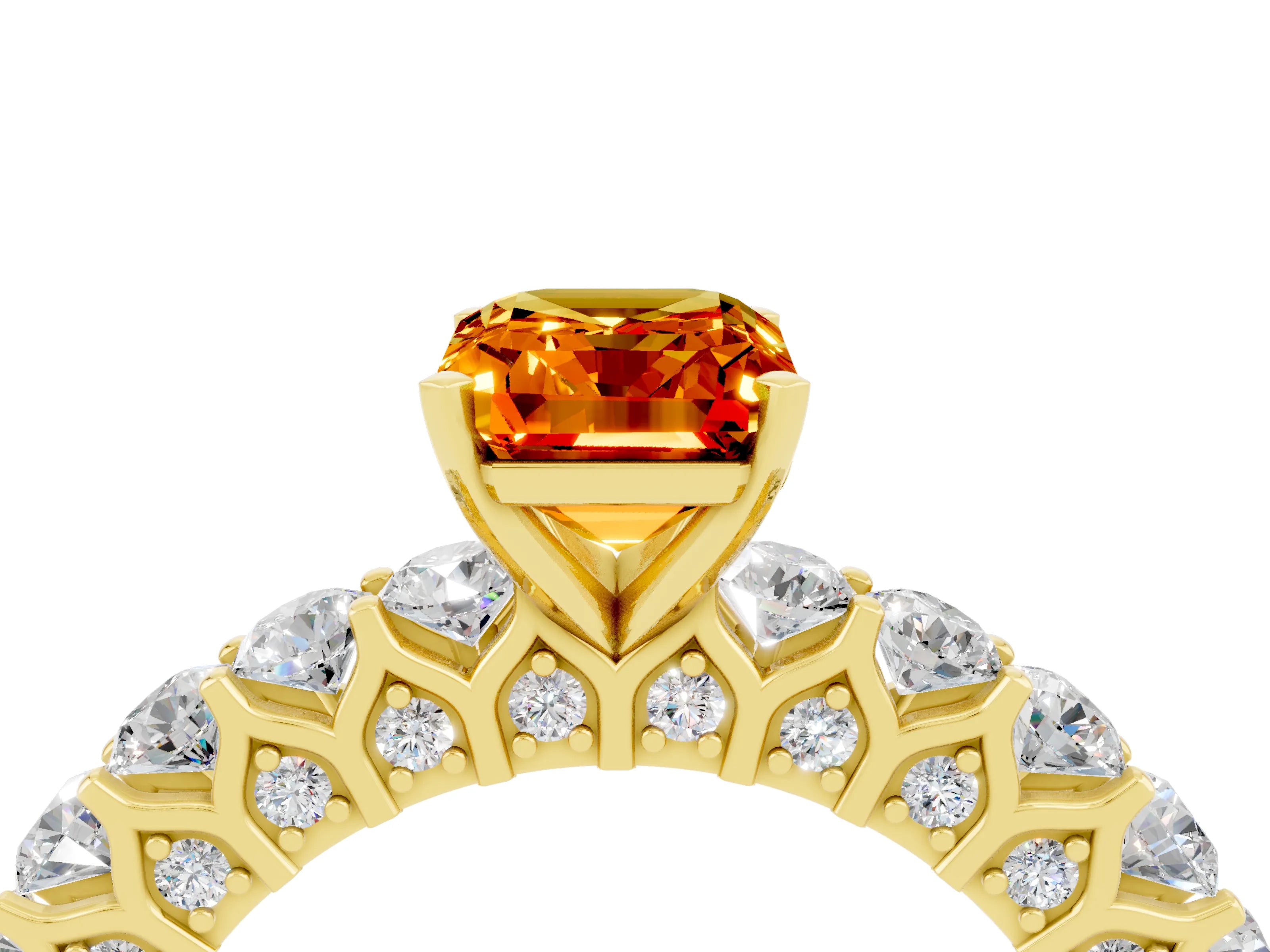 Yellow gold Emerald Cut Citrine Solitaire Ring with Shared Prong Pavé Band and Four-Prong Setting_4