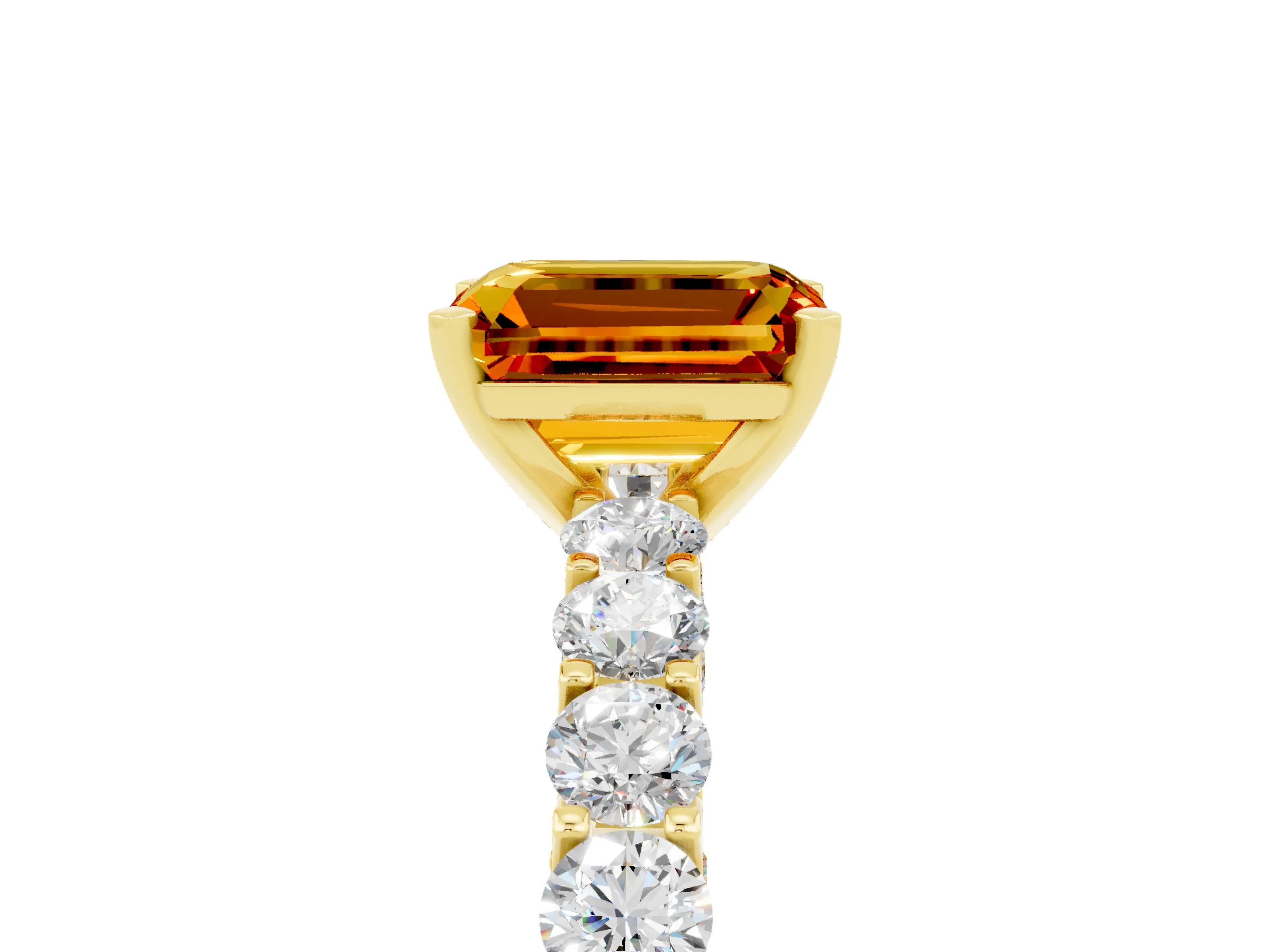 Yellow gold Emerald Cut Citrine Solitaire Ring with Shared Prong Pavé Band and Four-Prong Setting_5