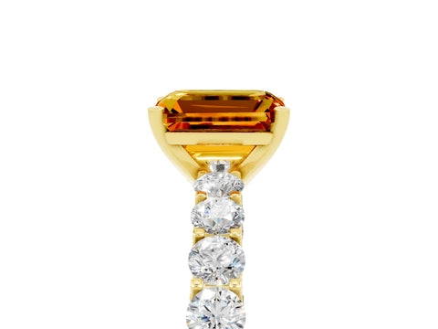 Yellow gold Emerald Cut Citrine Solitaire Ring with Shared Prong Pavé Band and Four-Prong Setting_5