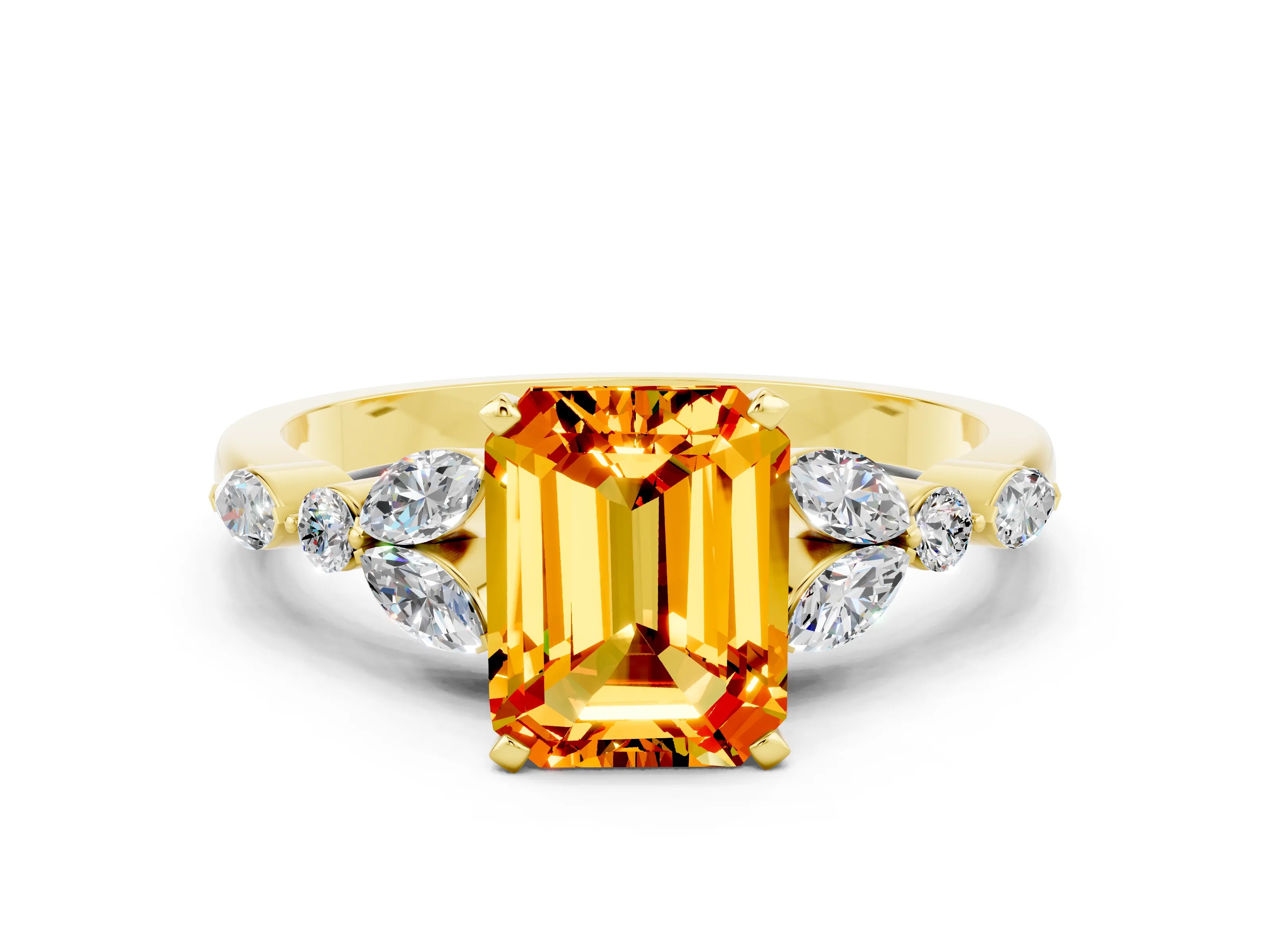 Yellow gold Emerald Cut Citrine Solitaire Ring with Side Stones and Four-Prong Setting_12