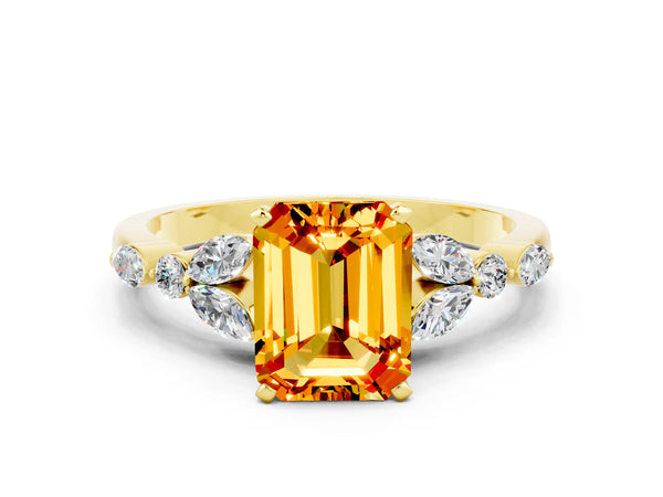 Yellow gold Emerald Cut Citrine Solitaire Ring with Side Stones and Four-Prong Setting