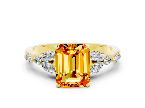 Yellow gold Emerald Cut Citrine Solitaire Ring with Side Stones and Four-Prong Setting_12