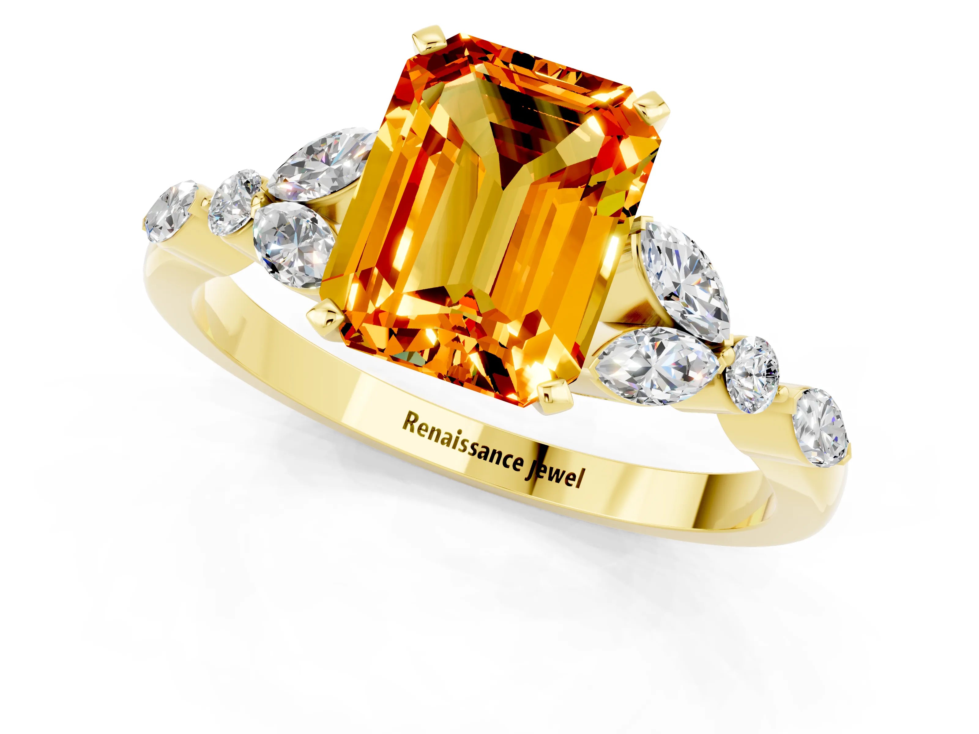 Yellow gold Emerald Cut Citrine Solitaire Ring with Side Stones and Four-Prong Setting_13