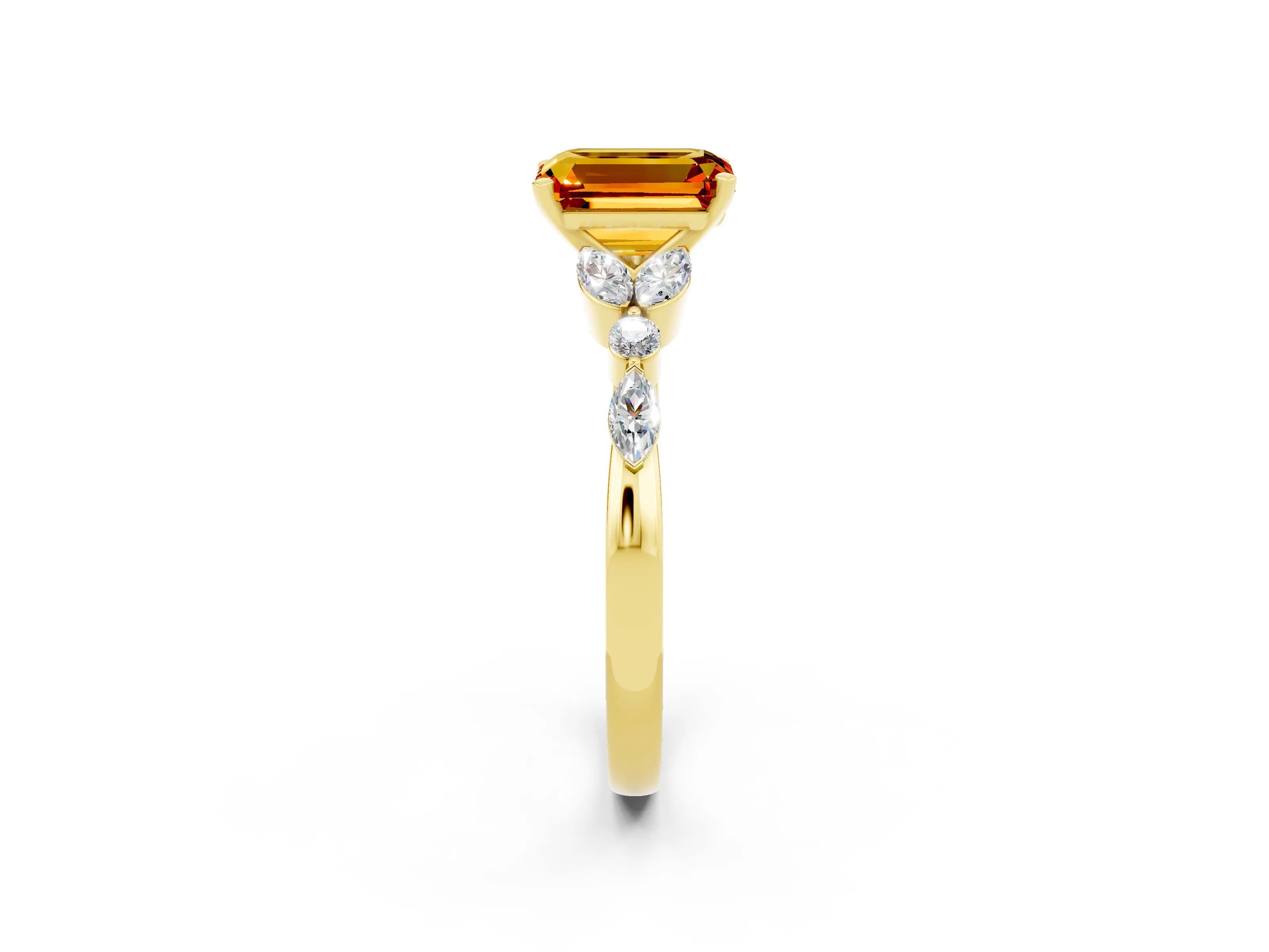 Yellow gold Emerald Cut Citrine Solitaire Ring with Side Stones and Four-Prong Setting_14