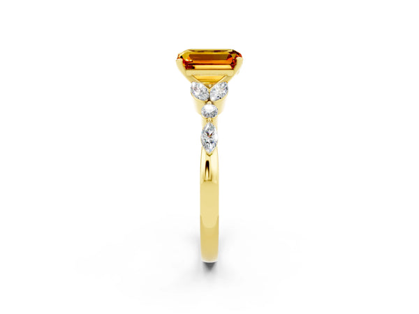 Yellow gold Emerald Cut Citrine Solitaire Ring with Side Stones and Four-Prong Setting