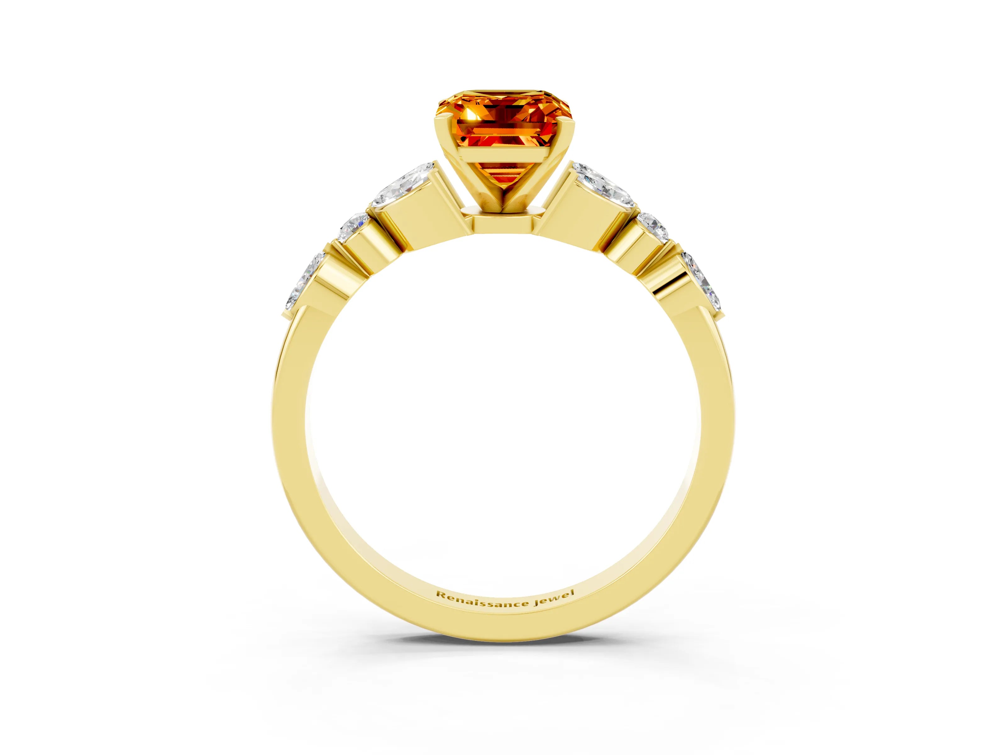 Yellow gold Emerald Cut Citrine Solitaire Ring with Side Stones and Four-Prong Setting_15