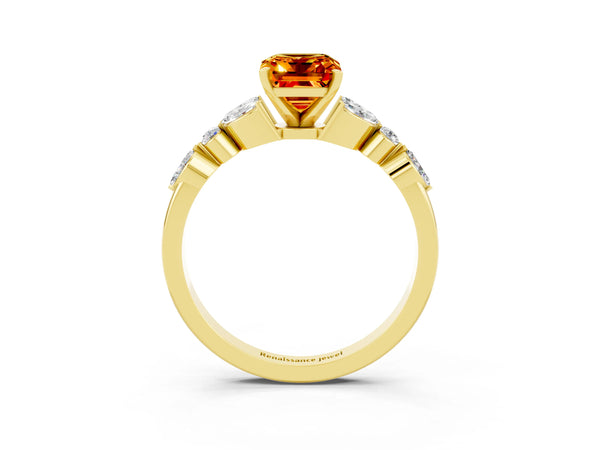 Yellow gold Emerald Cut Citrine Solitaire Ring with Side Stones and Four-Prong Setting