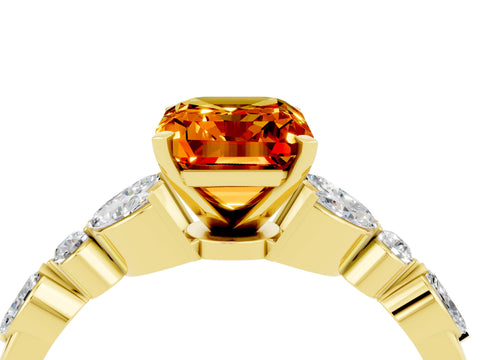 Yellow gold Emerald Cut Citrine Solitaire Ring with Side Stones and Four-Prong Setting_16