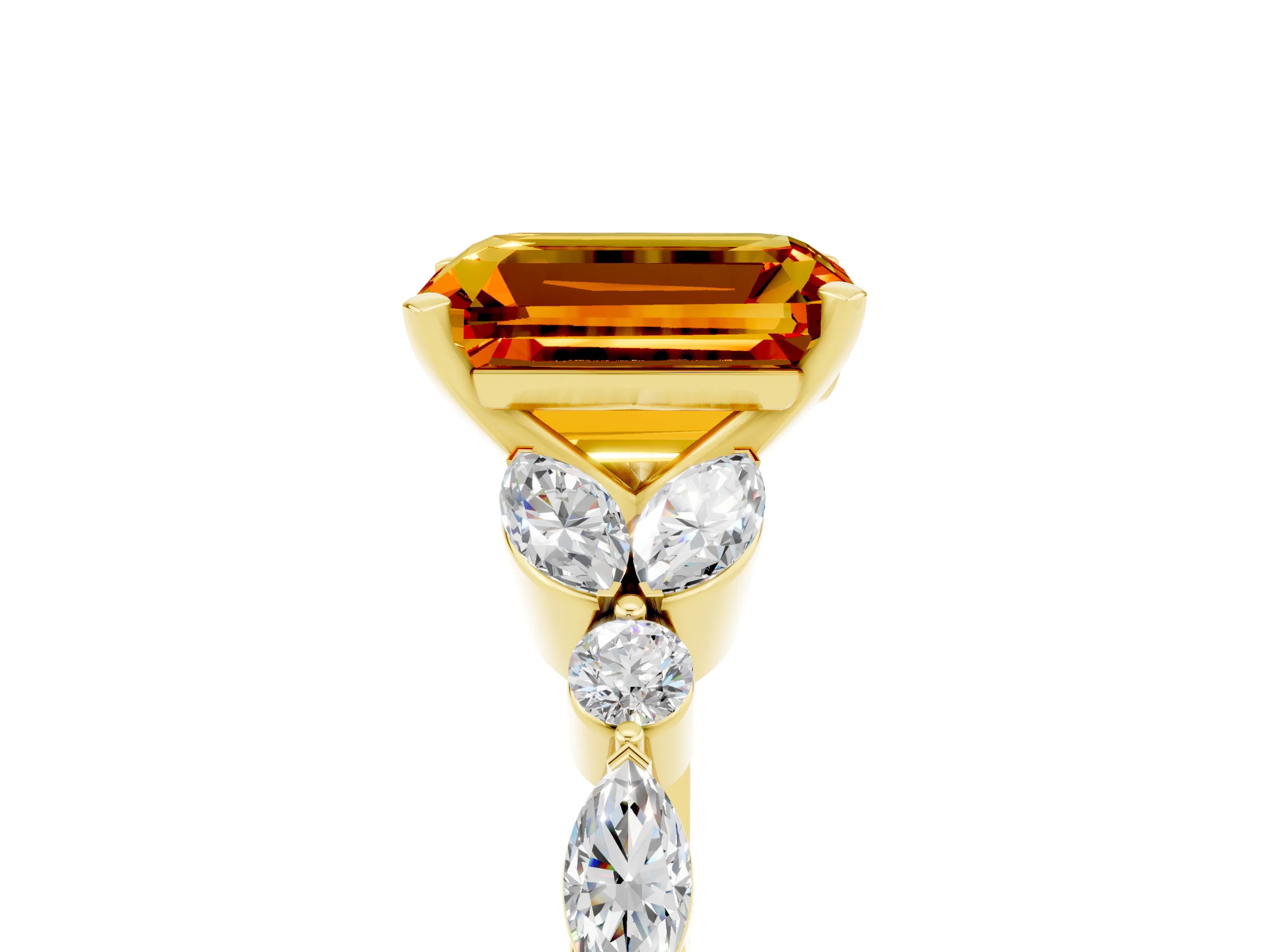 Yellow gold Emerald Cut Citrine Solitaire Ring with Side Stones and Four-Prong Setting_17