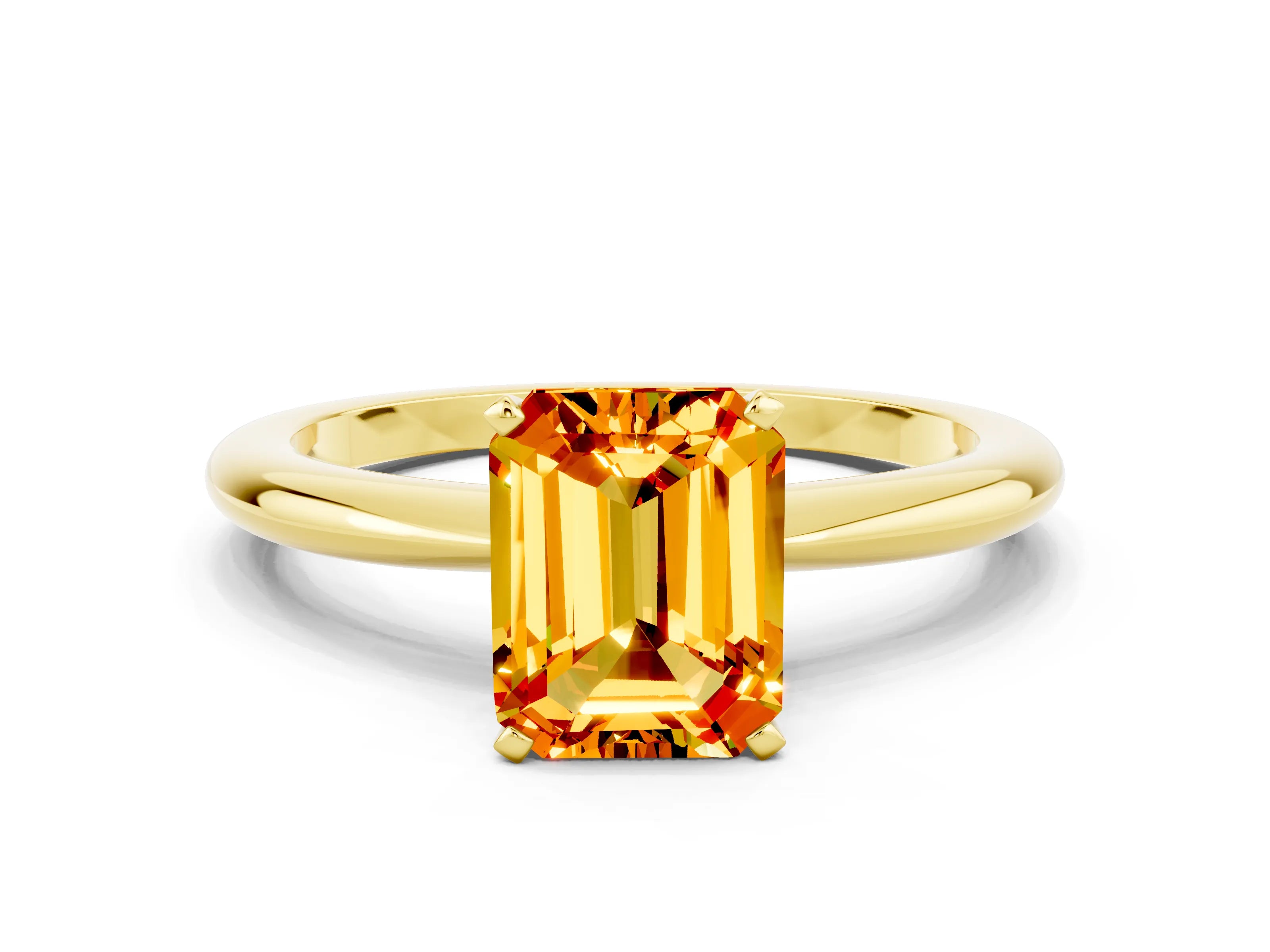 Yellow gold Emerald Cut Citrine Solitaire Ring with Six-Prong Setting and Classic Band